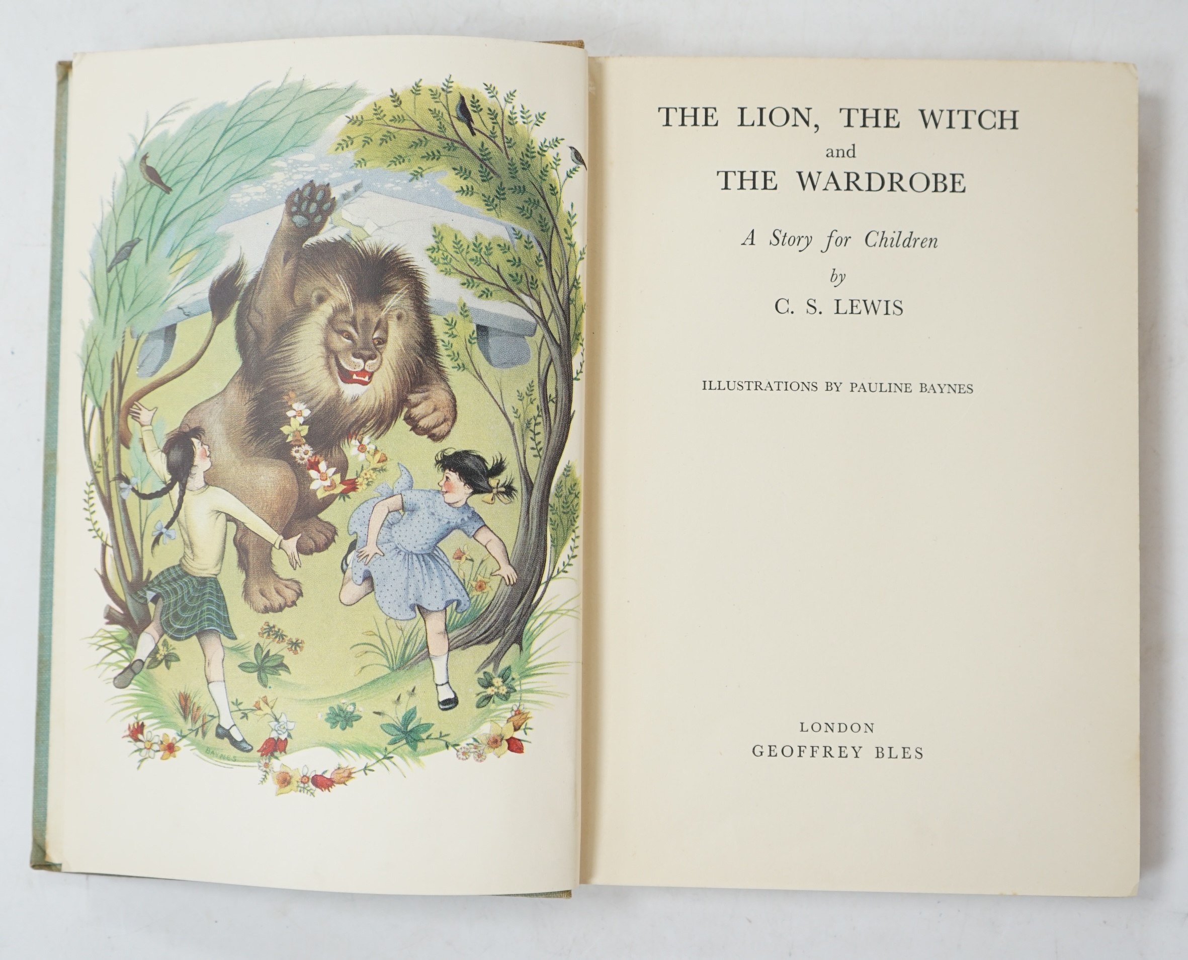 Lewis, C.S. - The Lion, the Witch and the Wardrobe. A Story for Children. 1st edition. coloured frontis. & num. text illus. (by Pauline Baynes, 6 full page); publisher's cloth, silver lettered on spine. Geoffrey Bles, 19